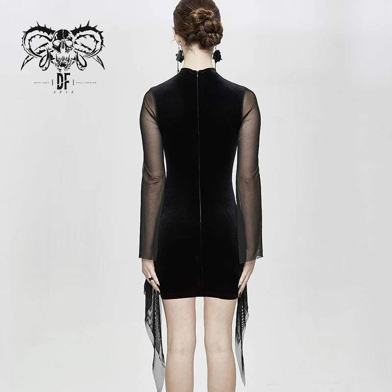 Damen Stand Collar Flare Ärmel Floral Sheer Gaze Kleider