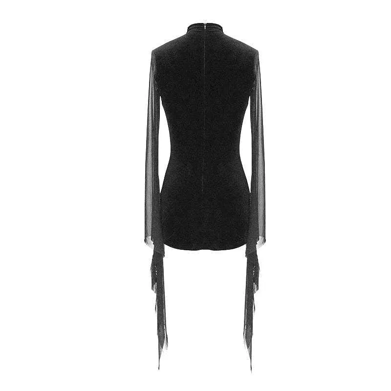 Damen Stand Collar Flare Ärmel Floral Sheer Gaze Kleider