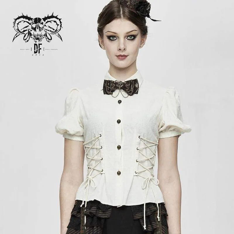 Damen Vintage Lentern Ärmel Schnür Elfenbein Shirts