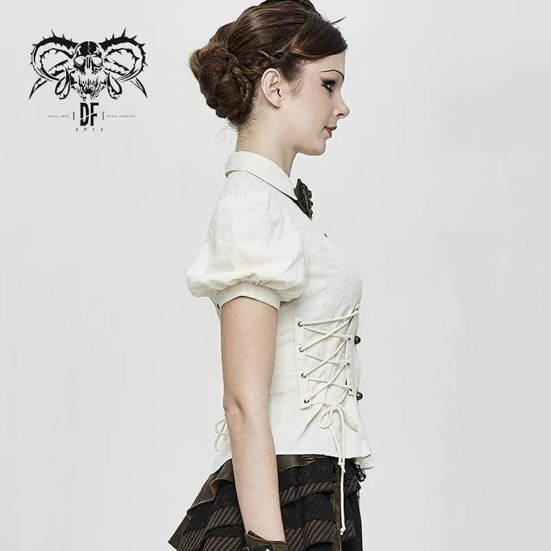 Damen Vintage Lentern Ärmel Schnür Elfenbein Shirts