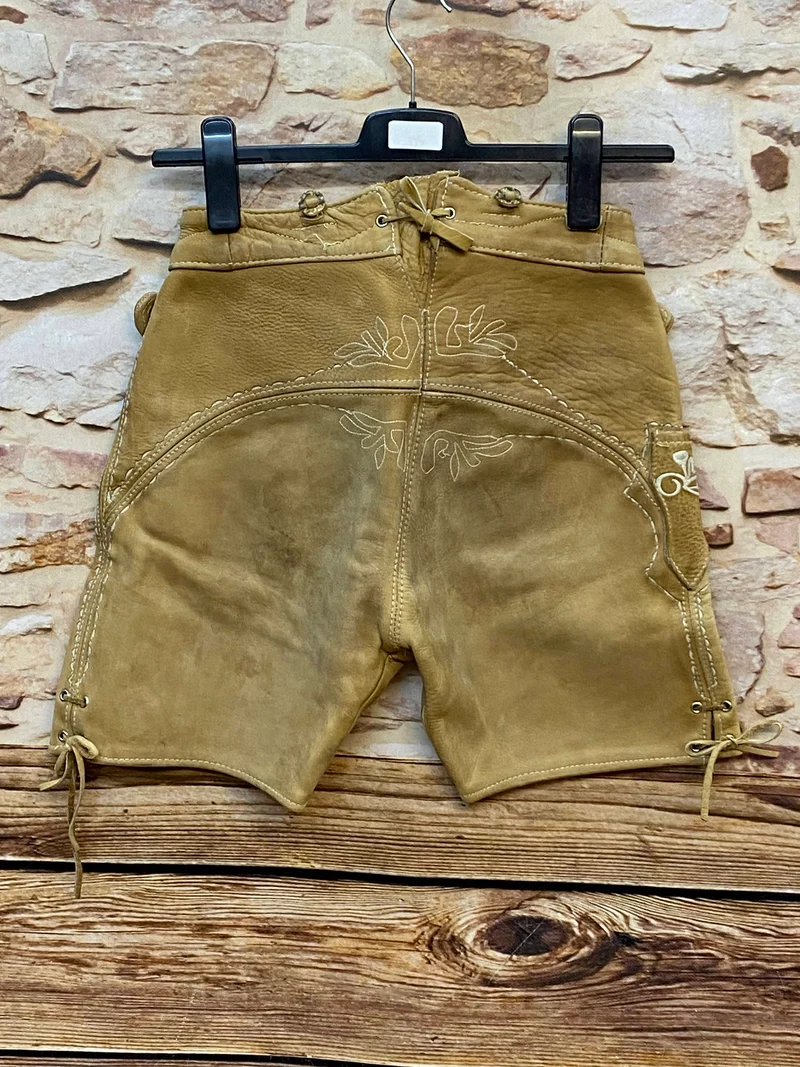 Vintage kurze Lederhose Trachtenhose Hirsch Stickerei beige Gr. 36