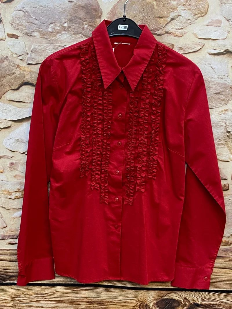 Vintage Rüschenbluse Rot Satin Glanz Gr. 38