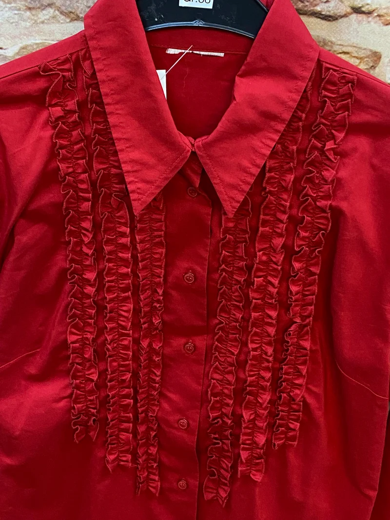 Vintage Rüschenbluse Rot Satin Glanz Gr. 38