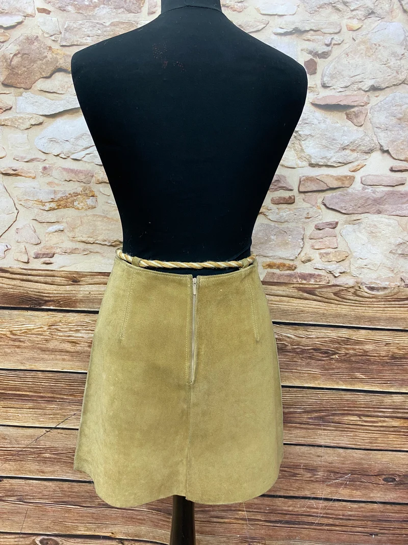 70er Jahre Vintage Wildleder Minirock Beige mit Kordelgürtel Gr. 36