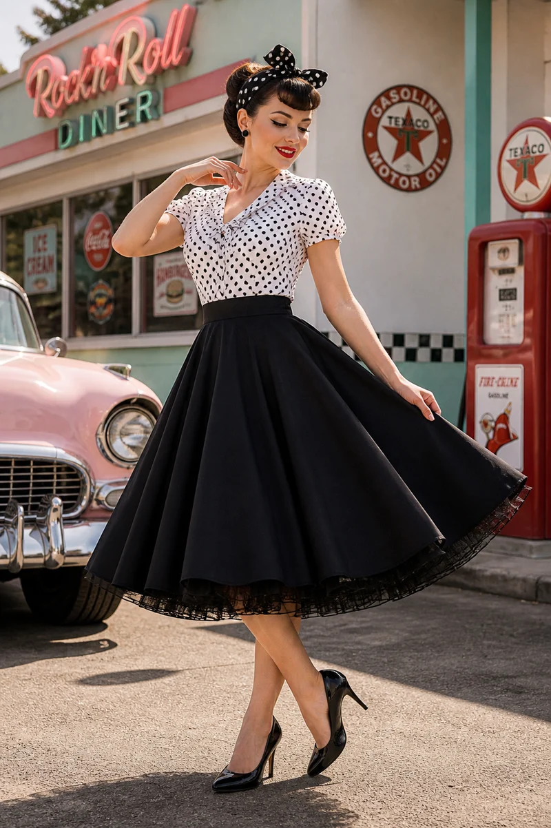 Vintage 50er Jahre Tellerrock Schwarz Rockabilly Petticoat Stil Gr. 34