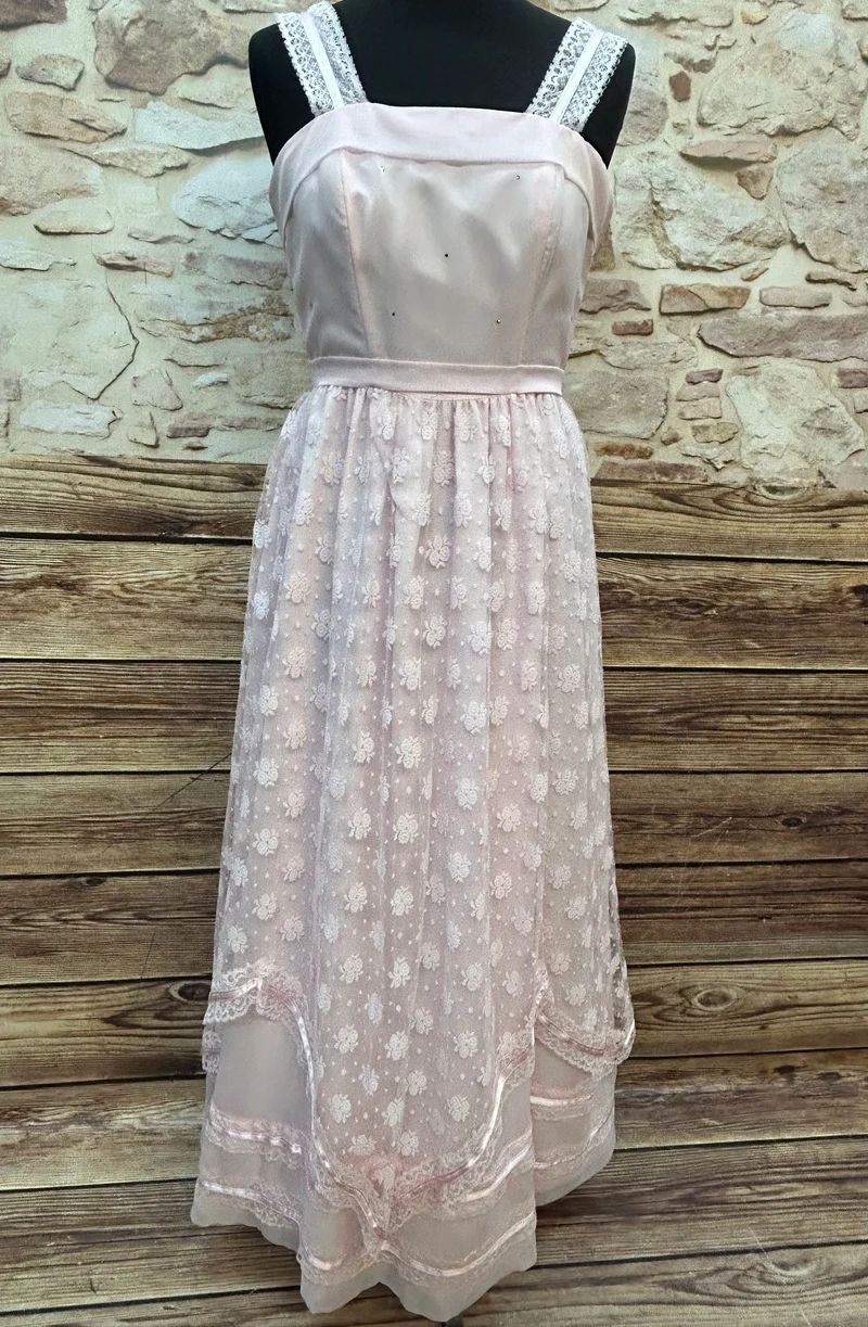 Rosafarbenes Spitzenkleid + Bolero, 70er-Romantik, Unikat