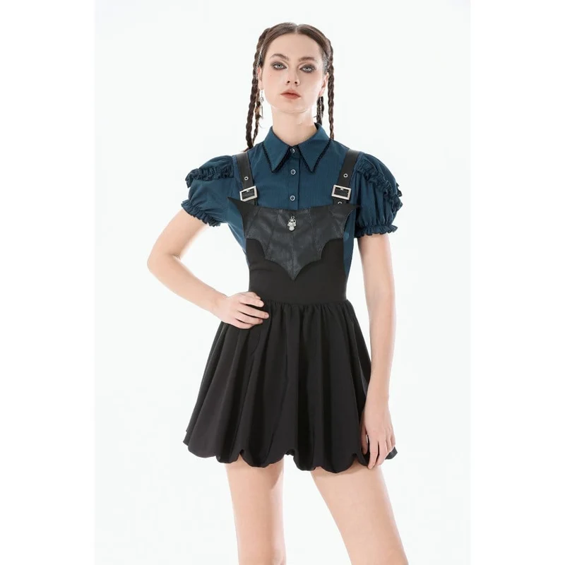 Gothic-Kleid für Damen mit Fledermausflügel-Schnalle, Trägern und Schleppe