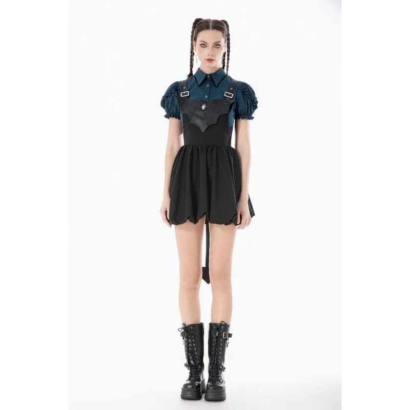 Gothic-Kleid für Damen mit Fledermausflügel-Schnalle, Trägern und Schleppe
