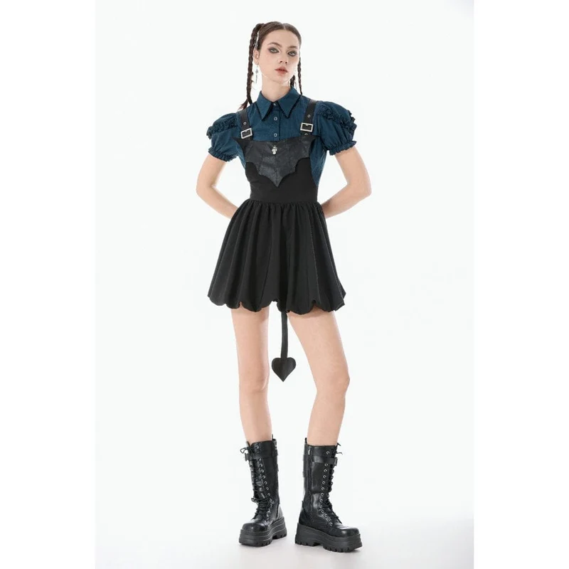 Gothic-Kleid für Damen mit Fledermausflügel-Schnalle, Trägern und Schleppe
