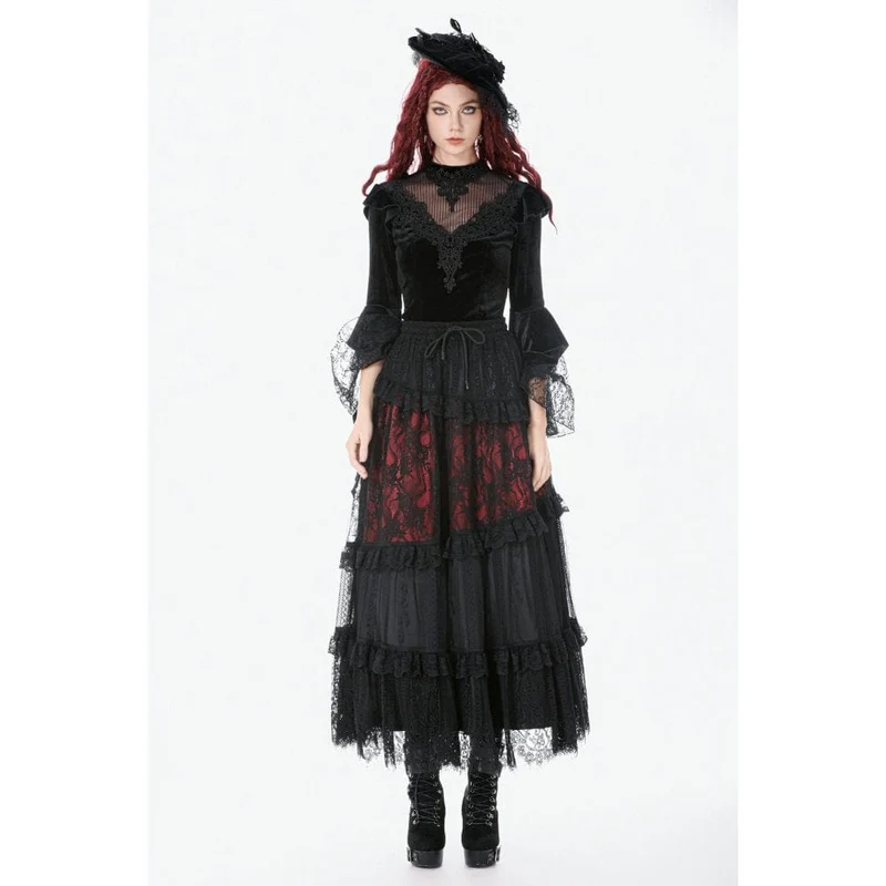 Gothic-besticktes, transparentes Samttop für Damen mit Mesh-Einsätzen