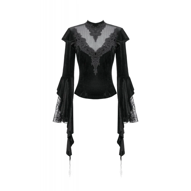 Gothic-besticktes, transparentes Samttop für Damen mit Mesh-Einsätzen