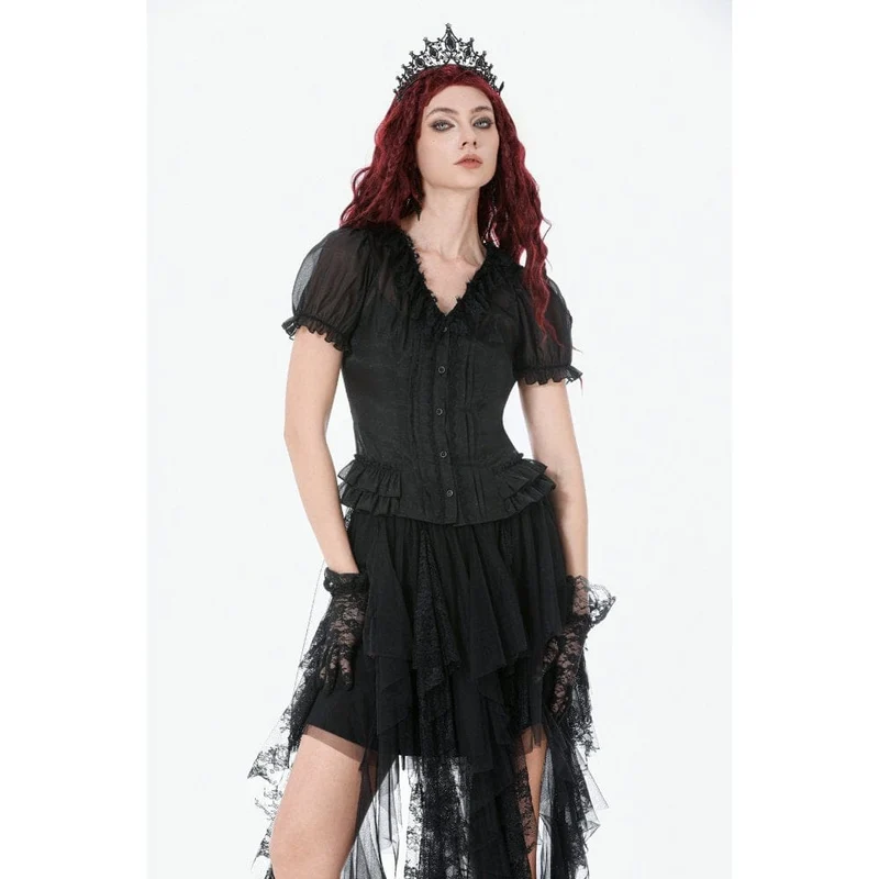 Gothic-Damenbluse, transparent, mehrlagig, mit Rüschen und Puffärmeln