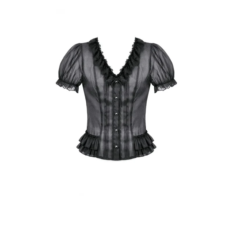 Gothic-Damenbluse, transparent, mehrlagig, mit Rüschen und Puffärmeln