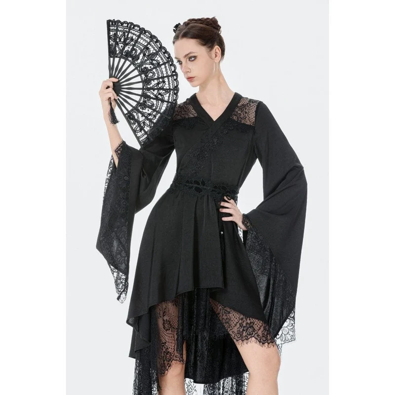 Gothic-Kleid für Damen mit floraler Spitze, transparentem, asymmetrischem Saum und langen Ärmeln