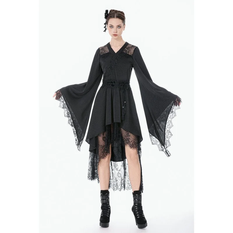 Gothic-Kleid für Damen mit floraler Spitze, transparentem, asymmetrischem Saum und langen Ärmeln
