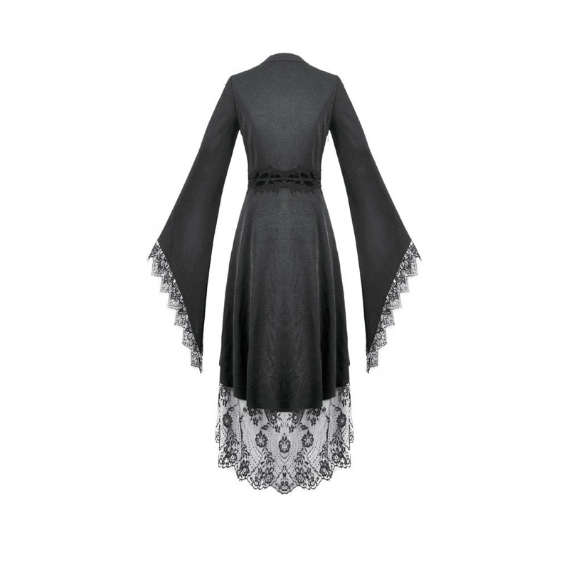 Gothic-Kleid für Damen mit floraler Spitze, transparentem, asymmetrischem Saum und langen Ärmeln