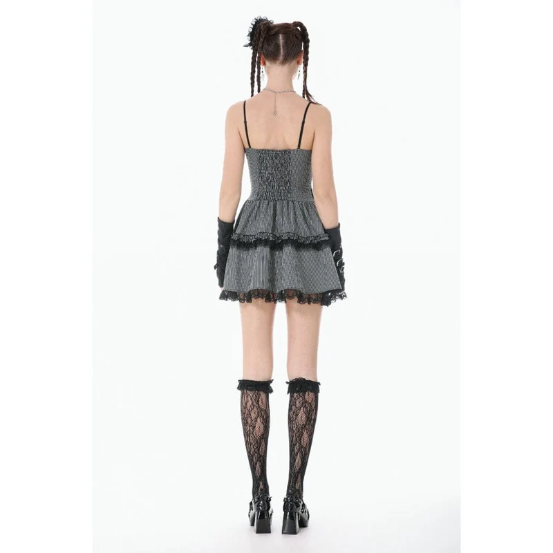 Gothic-Nadelstreifen-Mehrlagen-Falbala-Kleid für Damen, Abschlusskleid