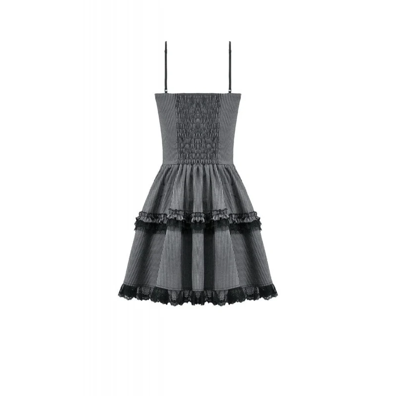 Gothic-Nadelstreifen-Mehrlagen-Falbala-Kleid für Damen, Abschlusskleid