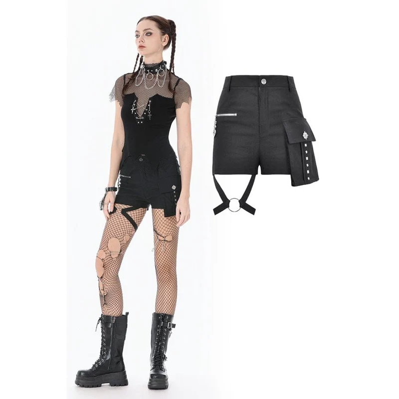 Punk-Shorts für Damen mit großer Tasche und Reißverschluss sowie Beingurt