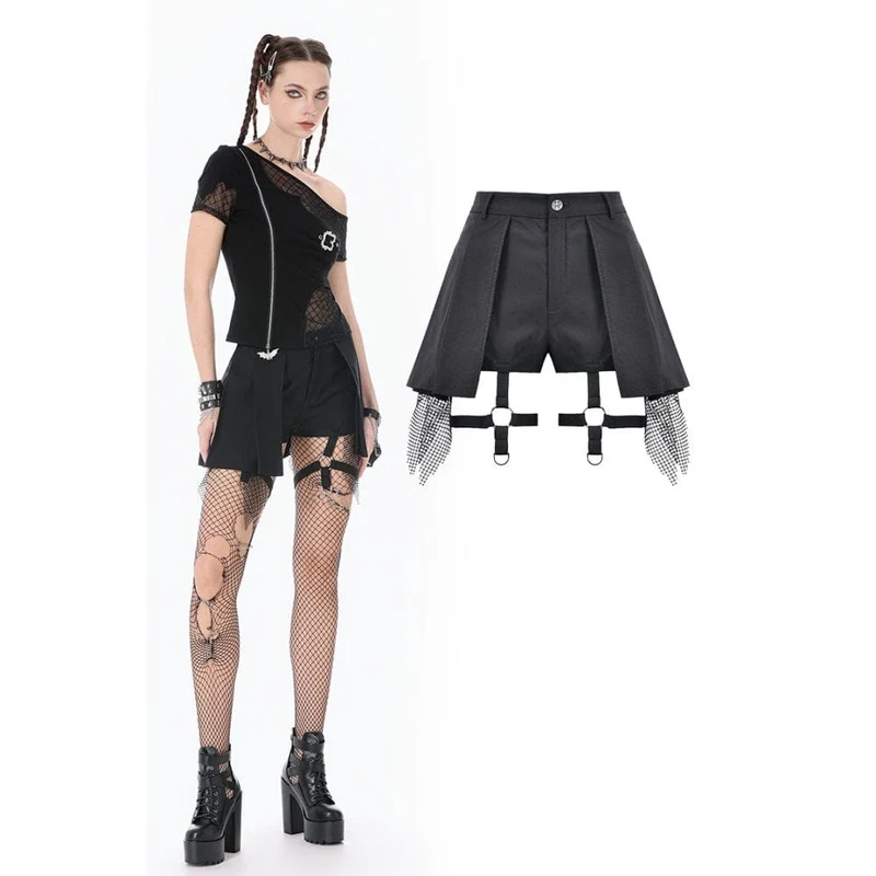 Punk-Mesh-Shorts für Damen mit Falten und Beingurt