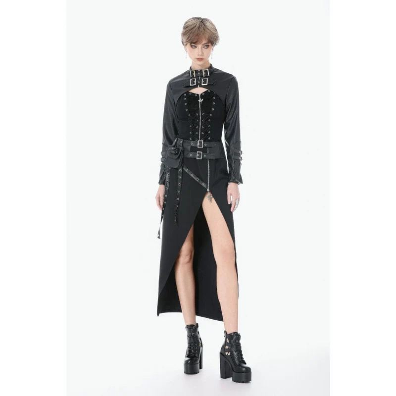 Punk-Rock für Damen, asymmetrisch, mit Ösen, Trägern und Reißverschluss, lang