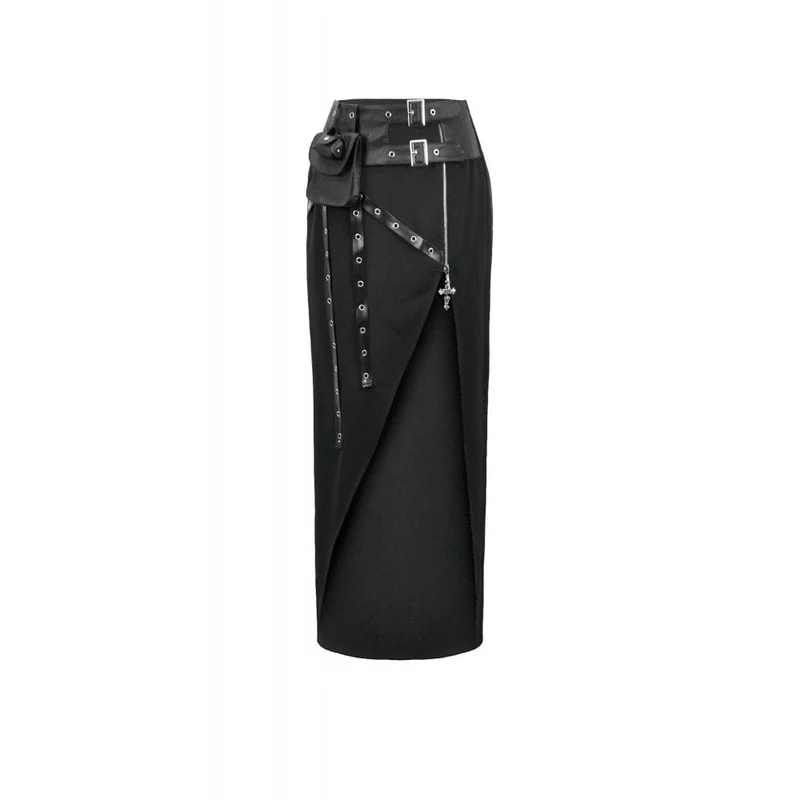 Punk-Rock für Damen, asymmetrisch, mit Ösen, Trägern und Reißverschluss, lang