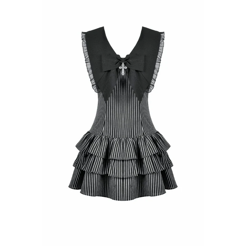 Gothic-Kleid für Damen mit Kreuzschleife, Nadelstreifen, Rüschen und Stufenrock, Abschlusskleid