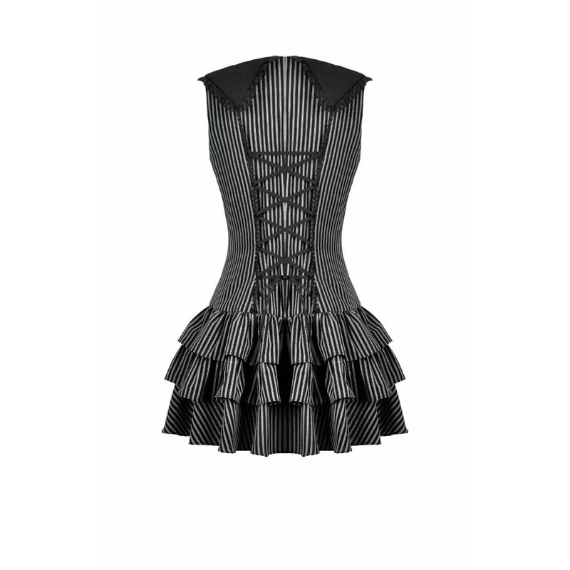 Gothic-Kleid für Damen mit Kreuzschleife, Nadelstreifen, Rüschen und Stufenrock, Abschlusskleid