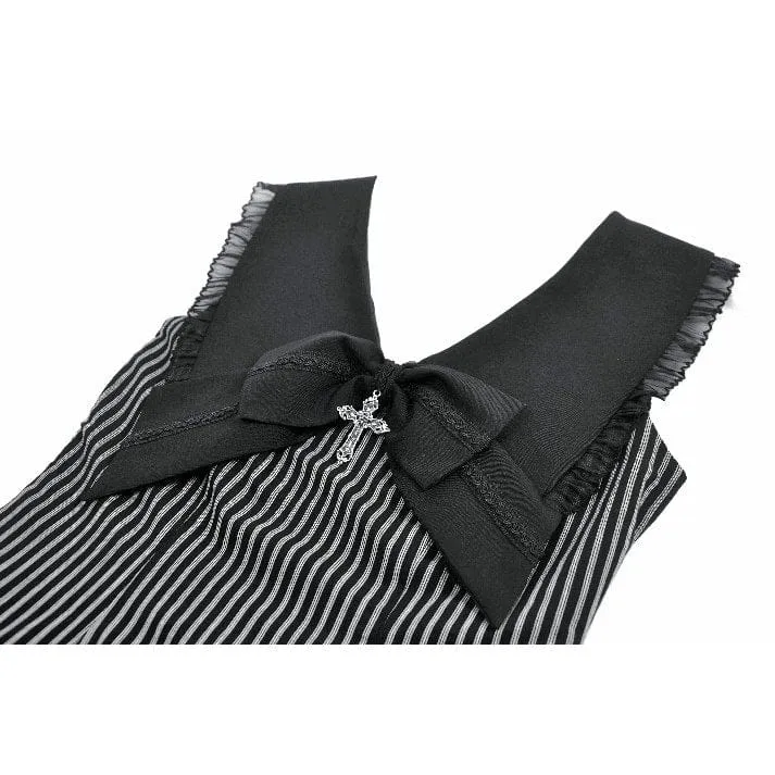 Gothic-Kleid für Damen mit Kreuzschleife, Nadelstreifen, Rüschen und Stufenrock, Abschlusskleid