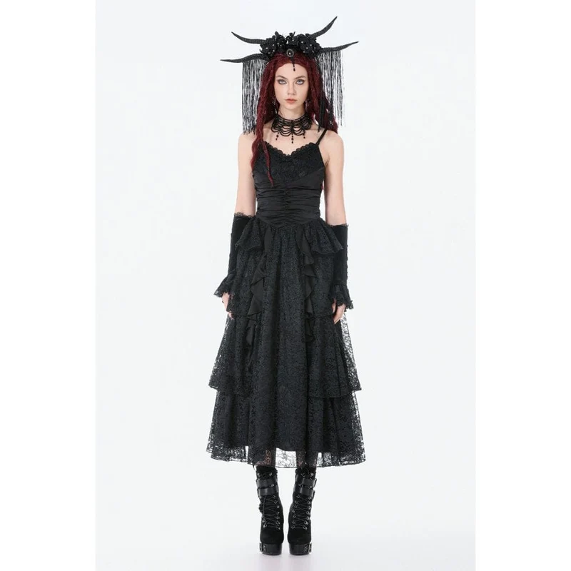 Gothic-Maxikleid mit Lagen aus Spitze und Raffungen für Damen – Hochzeitskleid