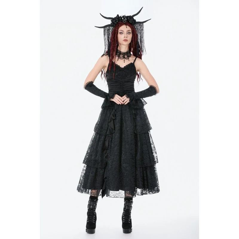 Gothic-Maxikleid mit Lagen aus Spitze und Raffungen für Damen – Hochzeitskleid