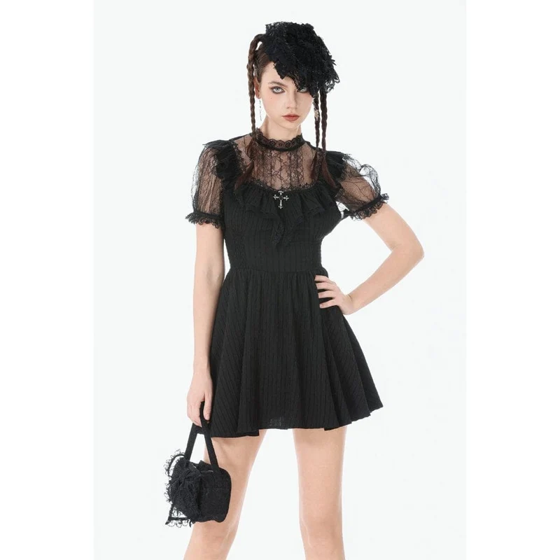 Gothic-Spitzenkleid mit gekreuzten Rüschen und kurzen Ärmeln für Damen, Abschlusskleid