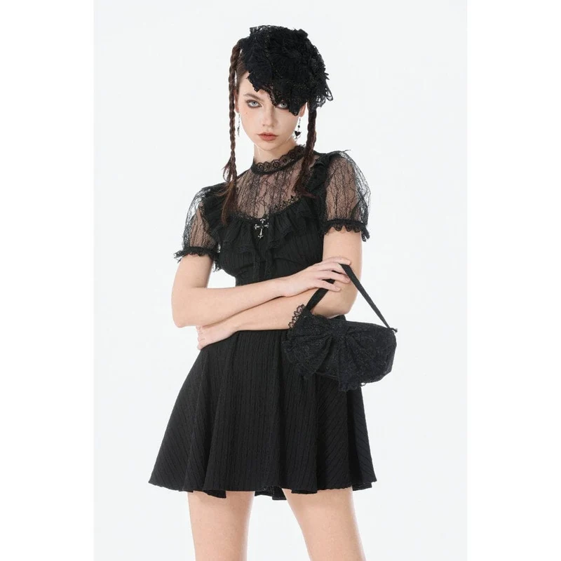 Gothic-Spitzenkleid mit gekreuzten Rüschen und kurzen Ärmeln für Damen, Abschlusskleid