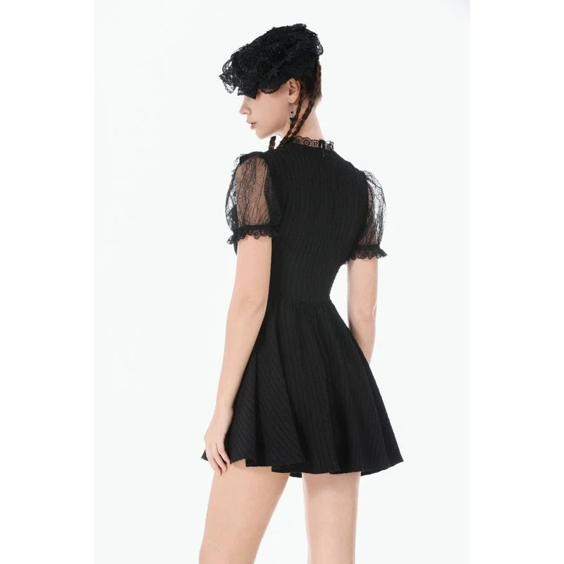 Gothic-Spitzenkleid mit gekreuzten Rüschen und kurzen Ärmeln für Damen, Abschlusskleid