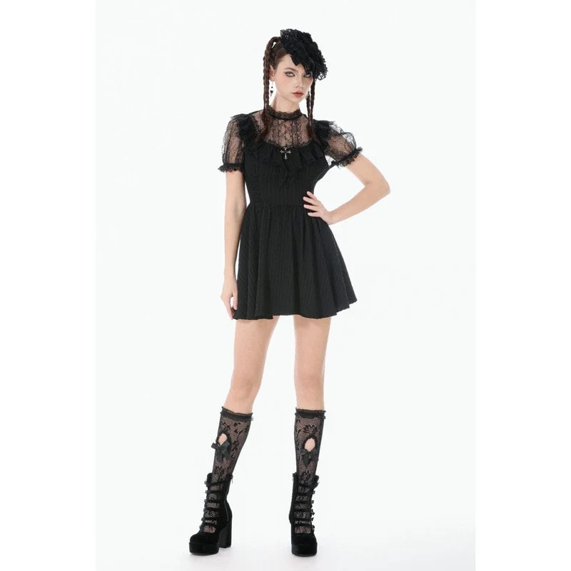 Gothic-Spitzenkleid mit gekreuzten Rüschen und kurzen Ärmeln für Damen, Abschlusskleid