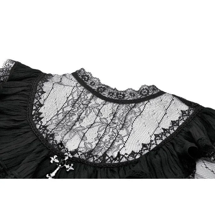 Gothic-Spitzenkleid mit gekreuzten Rüschen und kurzen Ärmeln für Damen, Abschlusskleid