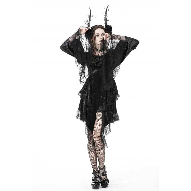 Gothic-Kleid für Damen mit unregelmäßig ausgestellten Ärmeln, Spitzeneinsatz und Samtbesatz, Abschlusskleid