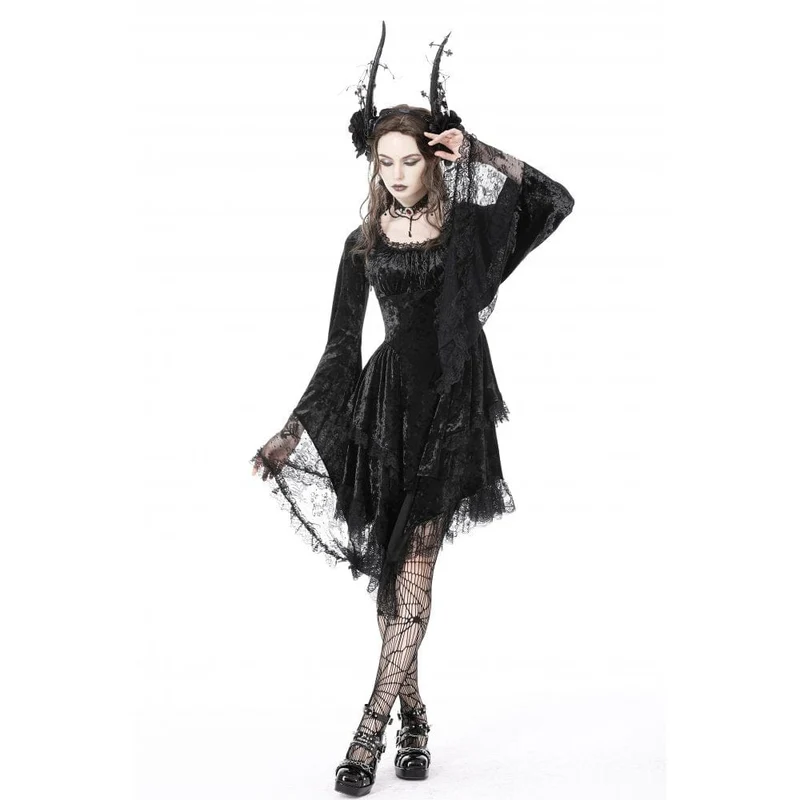 Gothic-Kleid für Damen mit unregelmäßig ausgestellten Ärmeln, Spitzeneinsatz und Samtbesatz, Abschlusskleid