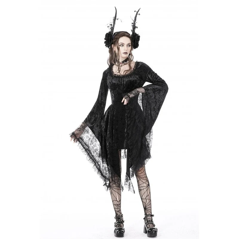 Gothic-Kleid für Damen mit unregelmäßig ausgestellten Ärmeln, Spitzeneinsatz und Samtbesatz, Abschlusskleid