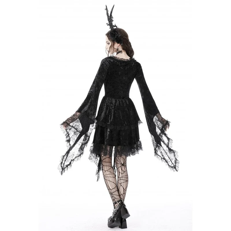 Gothic-Kleid für Damen mit unregelmäßig ausgestellten Ärmeln, Spitzeneinsatz und Samtbesatz, Abschlusskleid