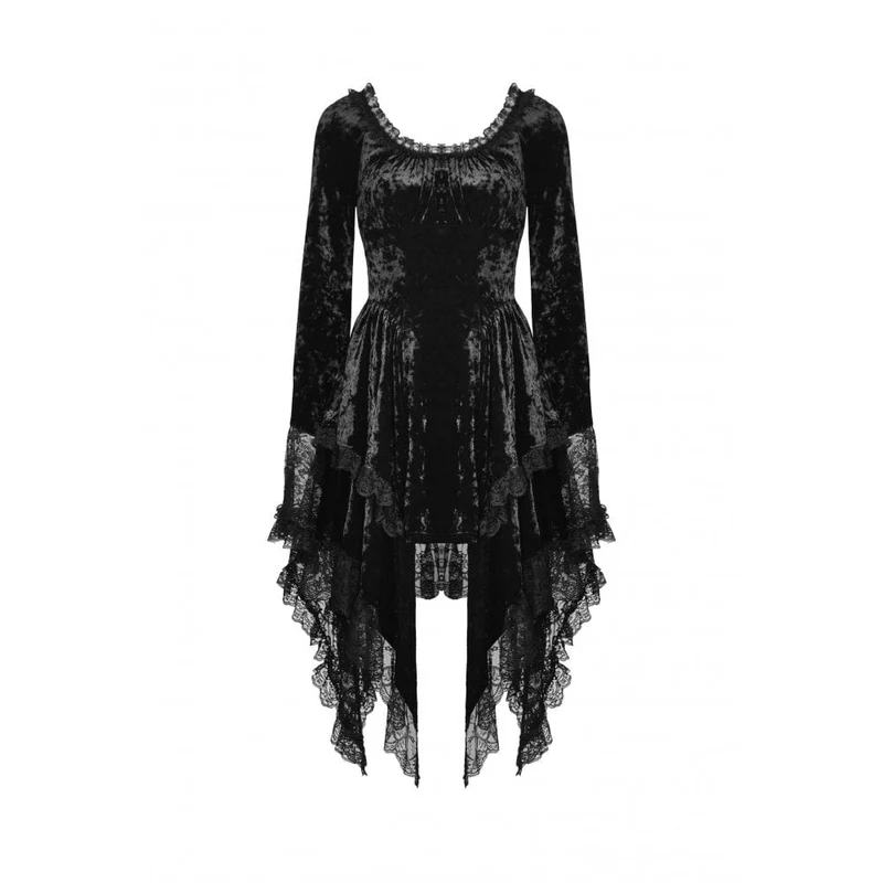 Gothic-Kleid für Damen mit unregelmäßig ausgestellten Ärmeln, Spitzeneinsatz und Samtbesatz, Abschlusskleid