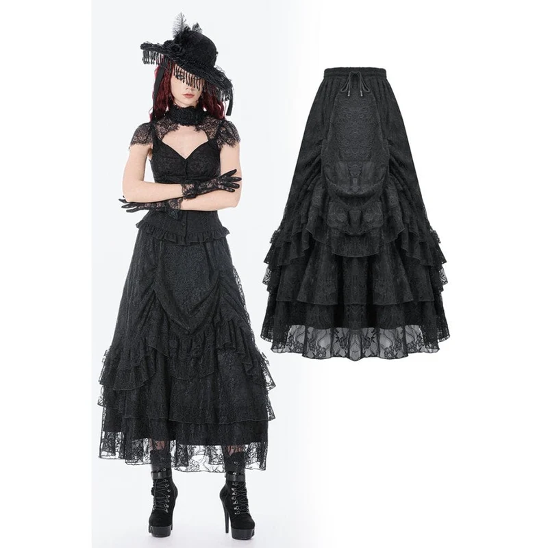 Gothic-Maxirock für Damen mit Spitze, Lagen und Raffungen