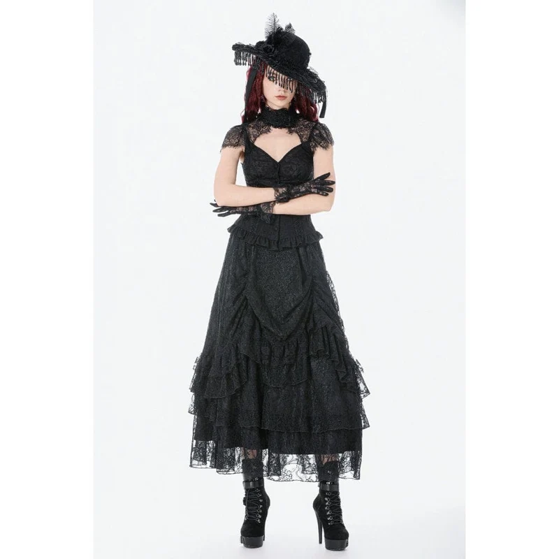 Gothic-Maxirock für Damen mit Spitze, Lagen und Raffungen