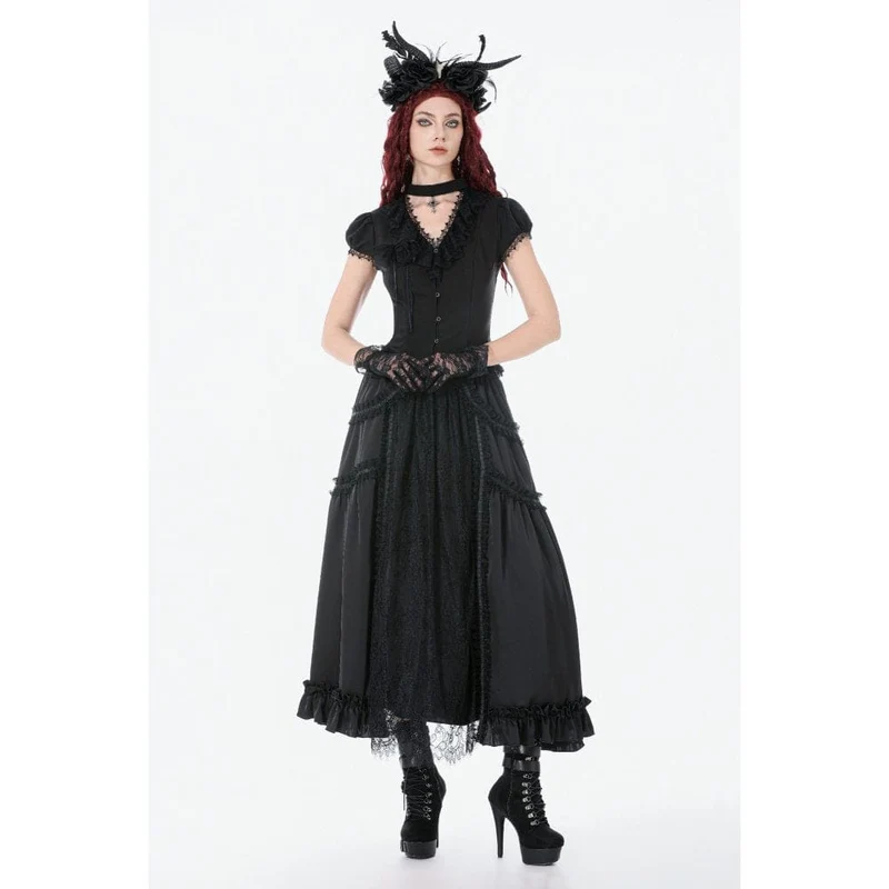 Schwarzer Gothic-Maxirock aus Spitze mit Rüschen und Raffungen für Damen