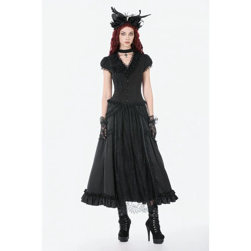 Schwarzer Gothic-Maxirock aus Spitze mit Rüschen und Raffungen für Damen