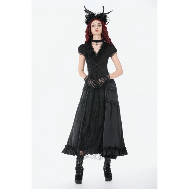 Schwarzer Gothic-Maxirock aus Spitze mit Rüschen und Raffungen für Damen