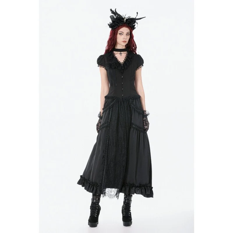 Schwarzer Gothic-Maxirock aus Spitze mit Rüschen und Raffungen für Damen
