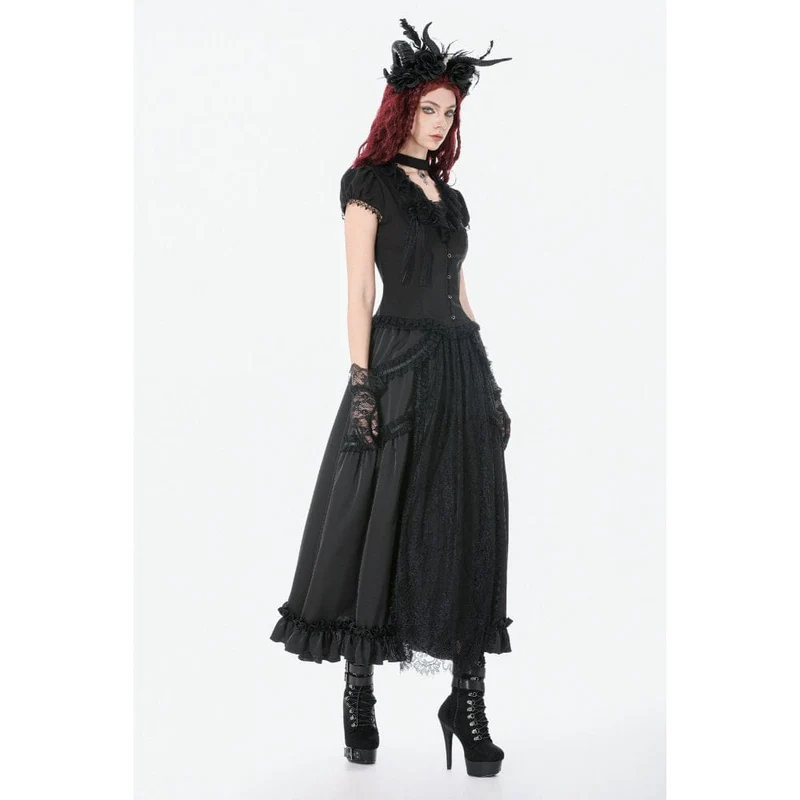 Schwarzer Gothic-Maxirock aus Spitze mit Rüschen und Raffungen für Damen