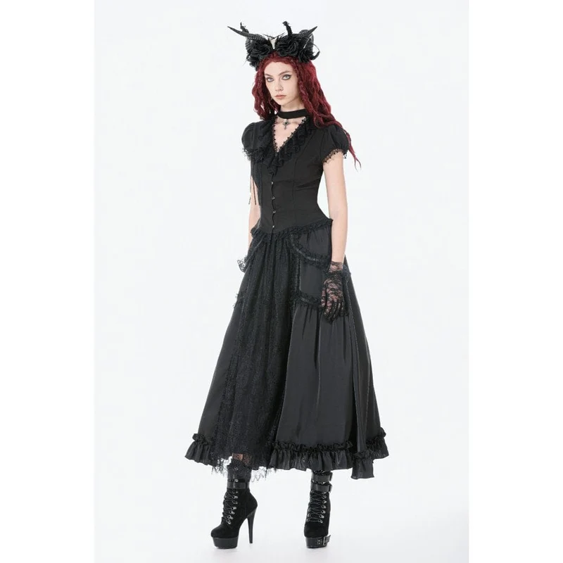 Schwarzer Gothic-Maxirock aus Spitze mit Rüschen und Raffungen für Damen