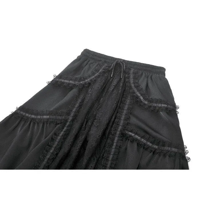 Schwarzer Gothic-Maxirock aus Spitze mit Rüschen und Raffungen für Damen
